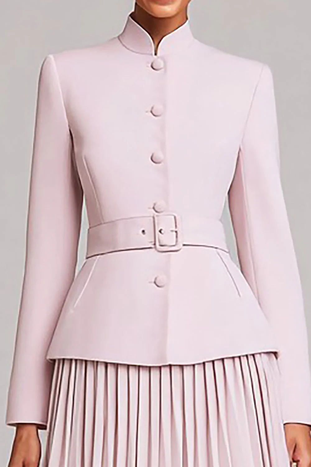 Ensemble de travail 2 pièces rose clair une ligne plissé avec ceinture - Image 3