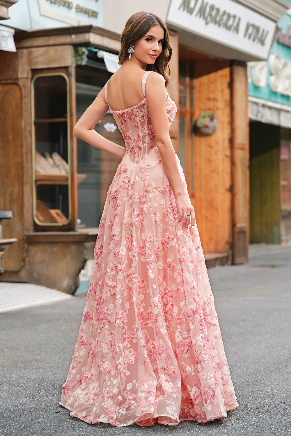Rose Épaule Dénudée Corset Trapèze 3D Papillons Robe de Bal Floral avec Fente - Image 2