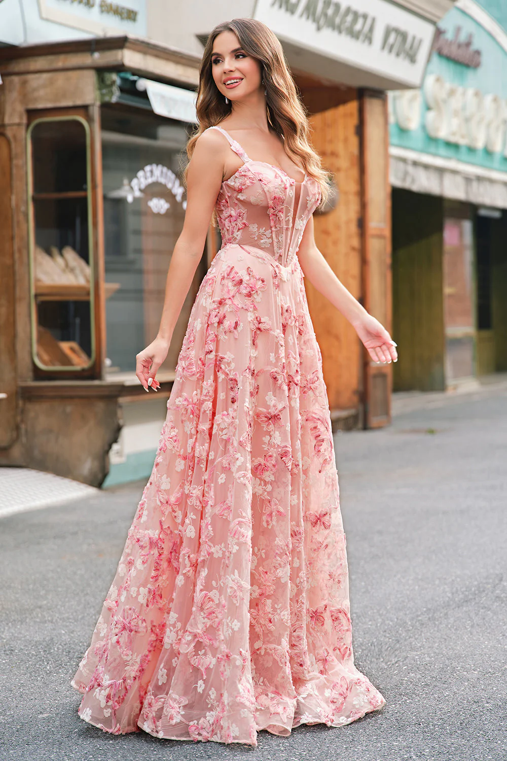 Rose Épaule Dénudée Corset Trapèze 3D Papillons Robe de Bal Floral avec Fente - Image 3