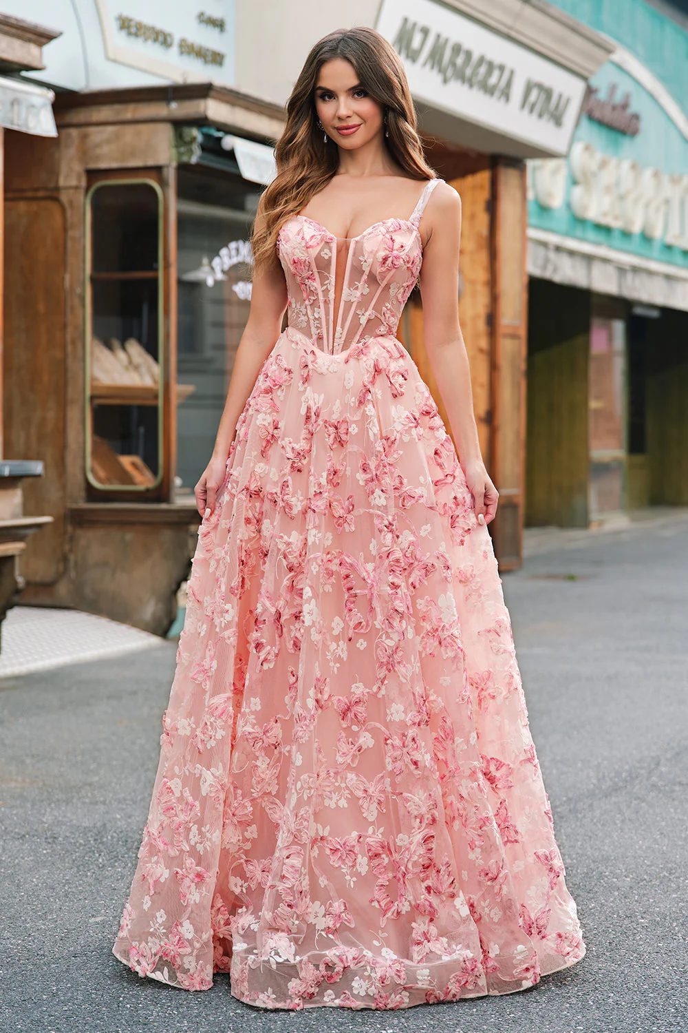Rose Épaule Dénudée Corset Trapèze 3D Papillons Robe de Bal Floral avec Fente - Image 4