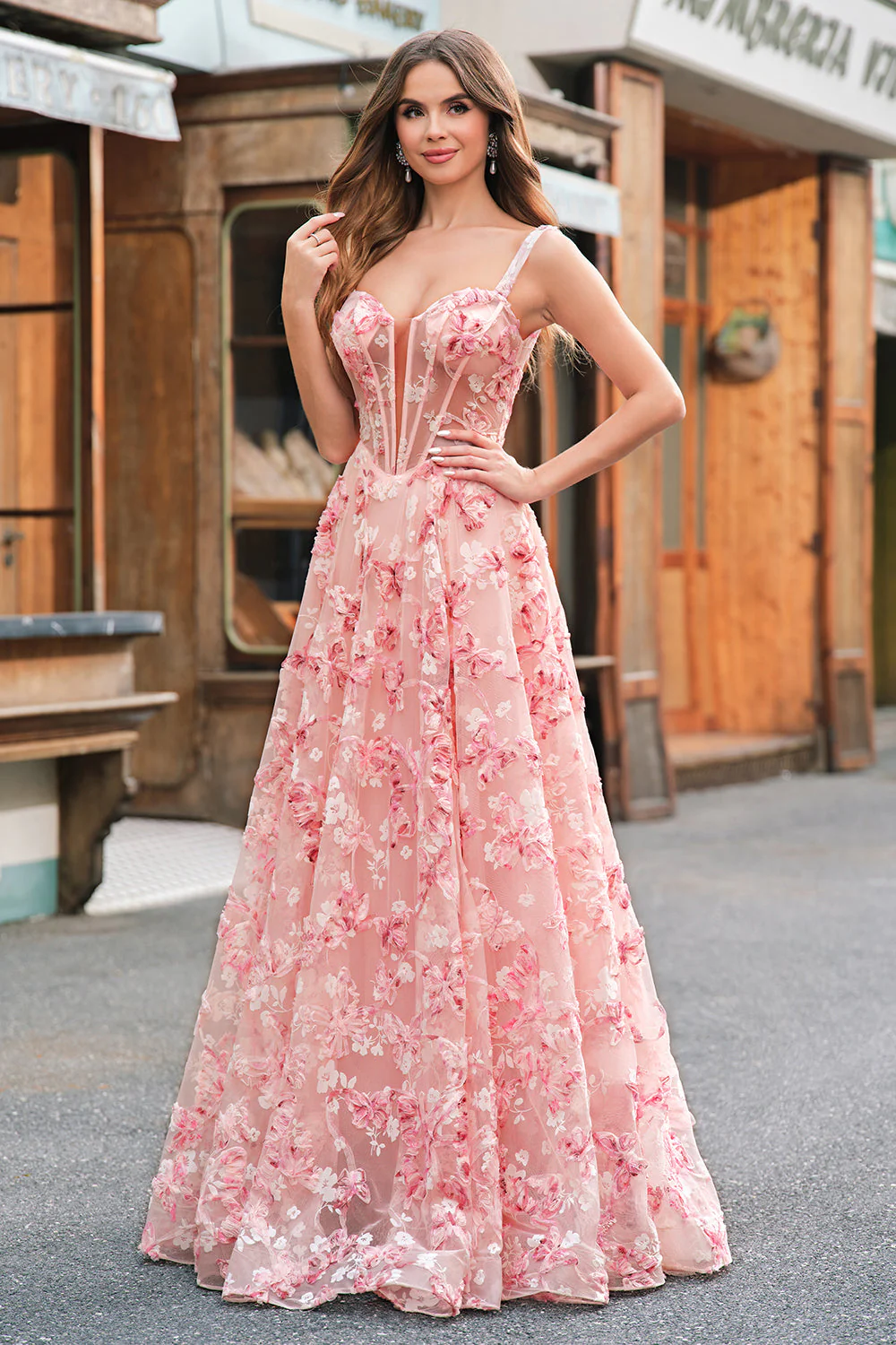 Rose Épaule Dénudée Corset Trapèze 3D Papillons Robe de Bal Floral avec Fente - Image 5