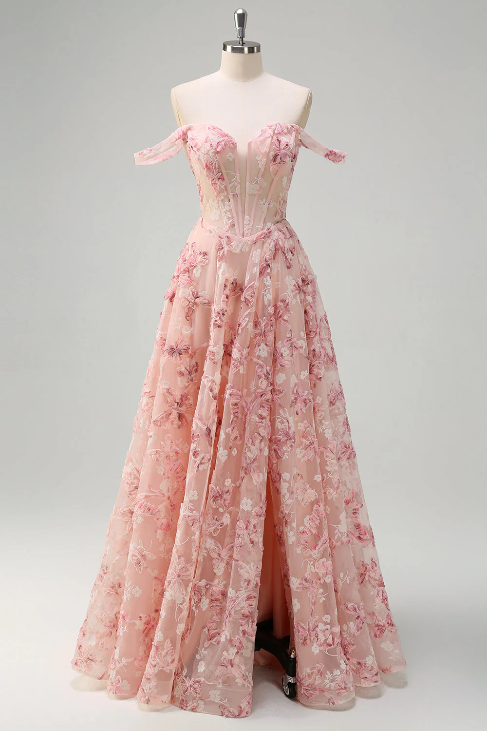 Rose Épaule Dénudée Corset Trapèze 3D Papillons Robe de Bal Floral avec Fente - Image 7