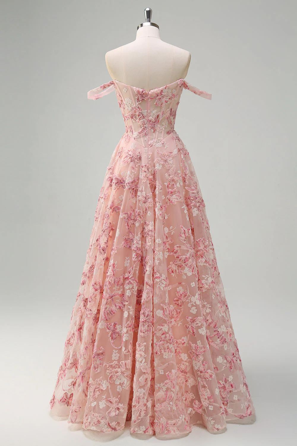Rose Épaule Dénudée Corset Trapèze 3D Papillons Robe de Bal Floral avec Fente - Image 8