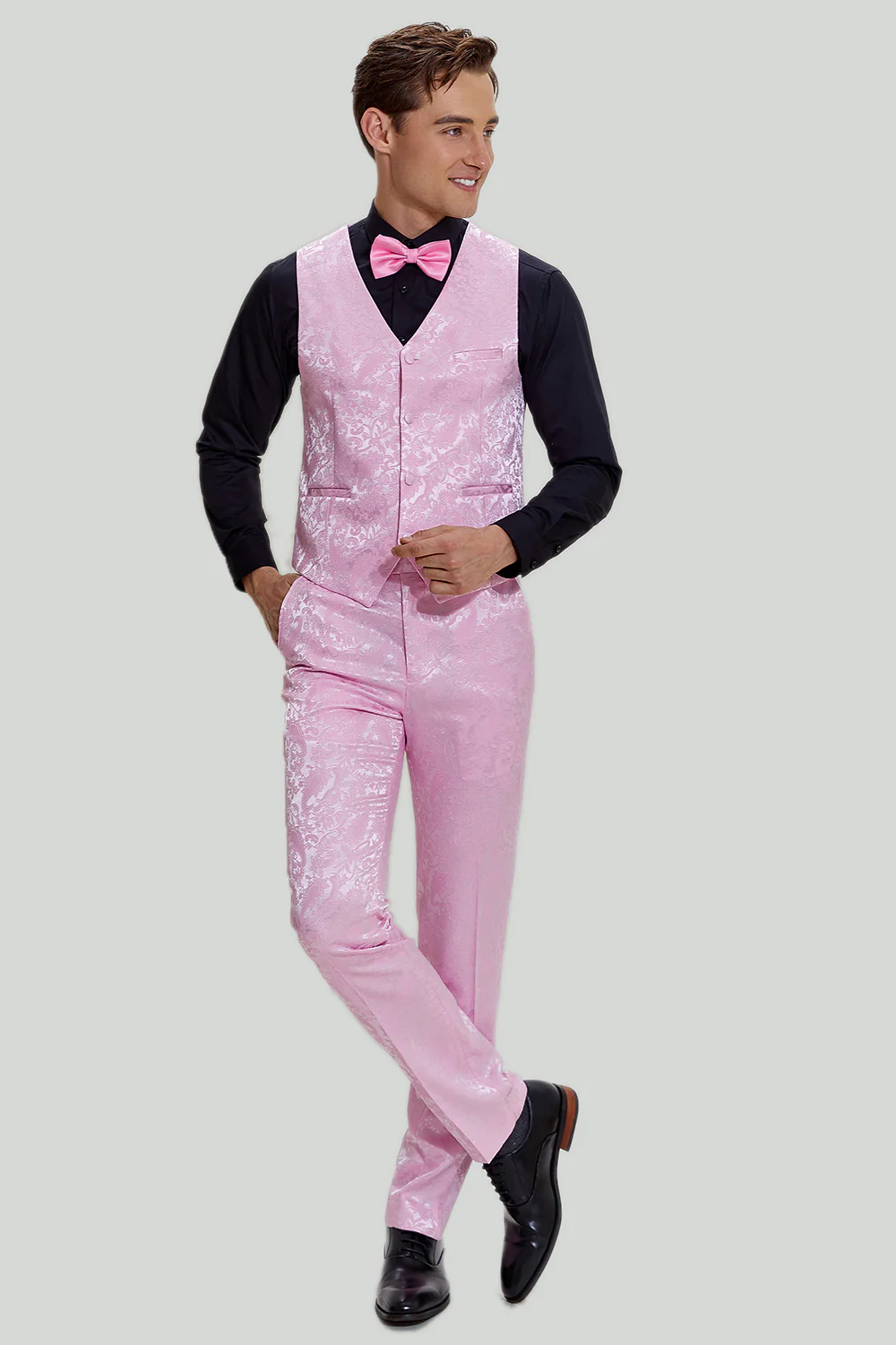 Rose Jacquard Satin Châle Lapel 3 Pièces Costumes de Bal Homme - Image 3