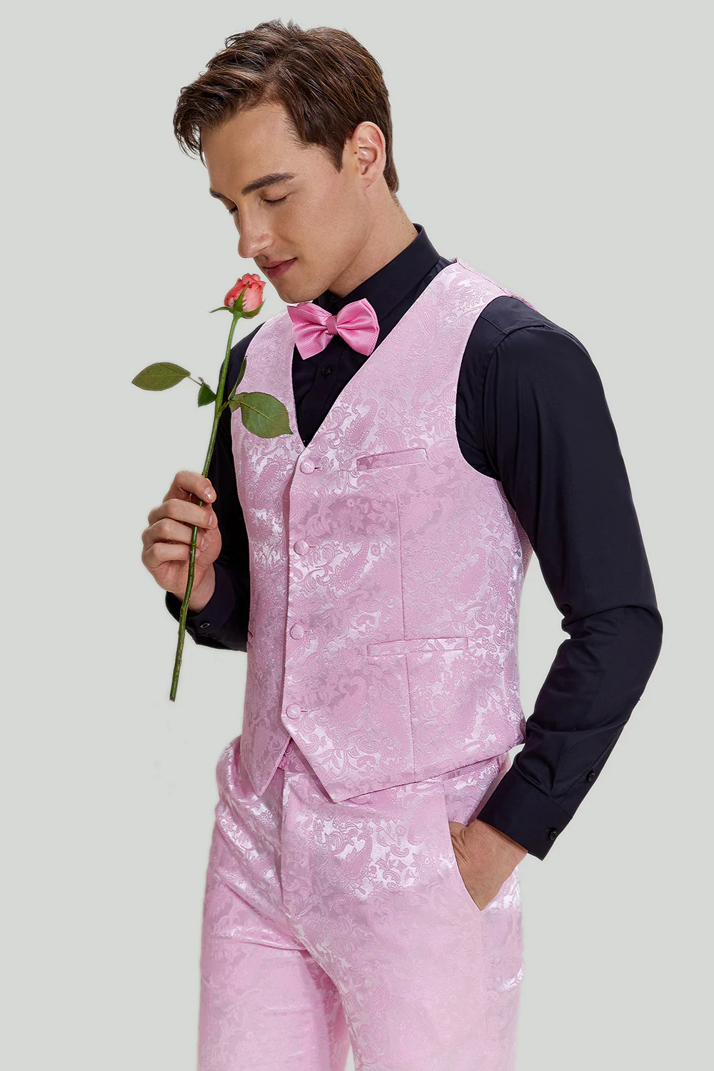 Rose Jacquard Satin Châle Lapel 3 Pièces Costumes de Bal Homme - Image 6