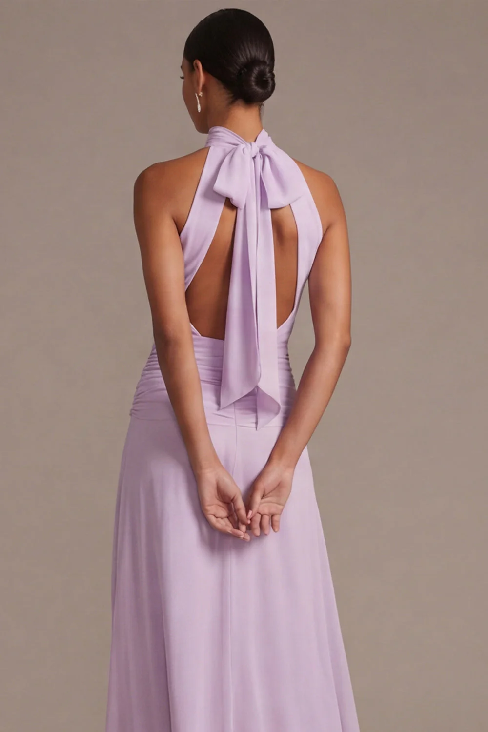 Rose poussiéreuse fleurie A Line Longue robe invitée de mariage avec nœud - Image 3