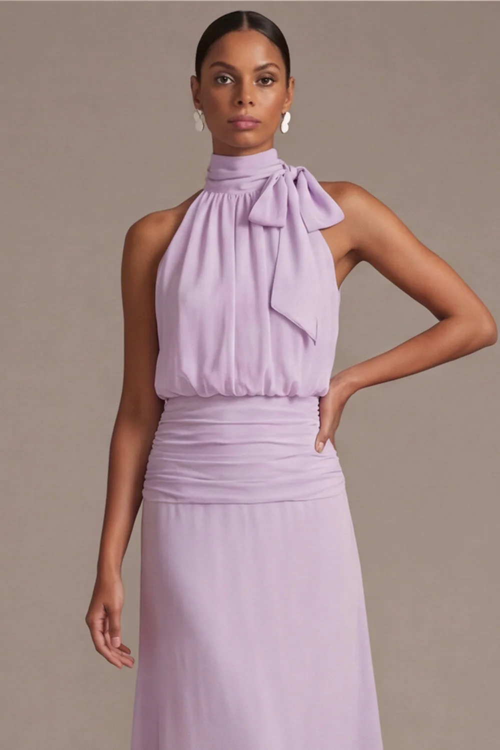 Rose poussiéreuse fleurie A Line Longue robe invitée de mariage avec nœud - Image 4
