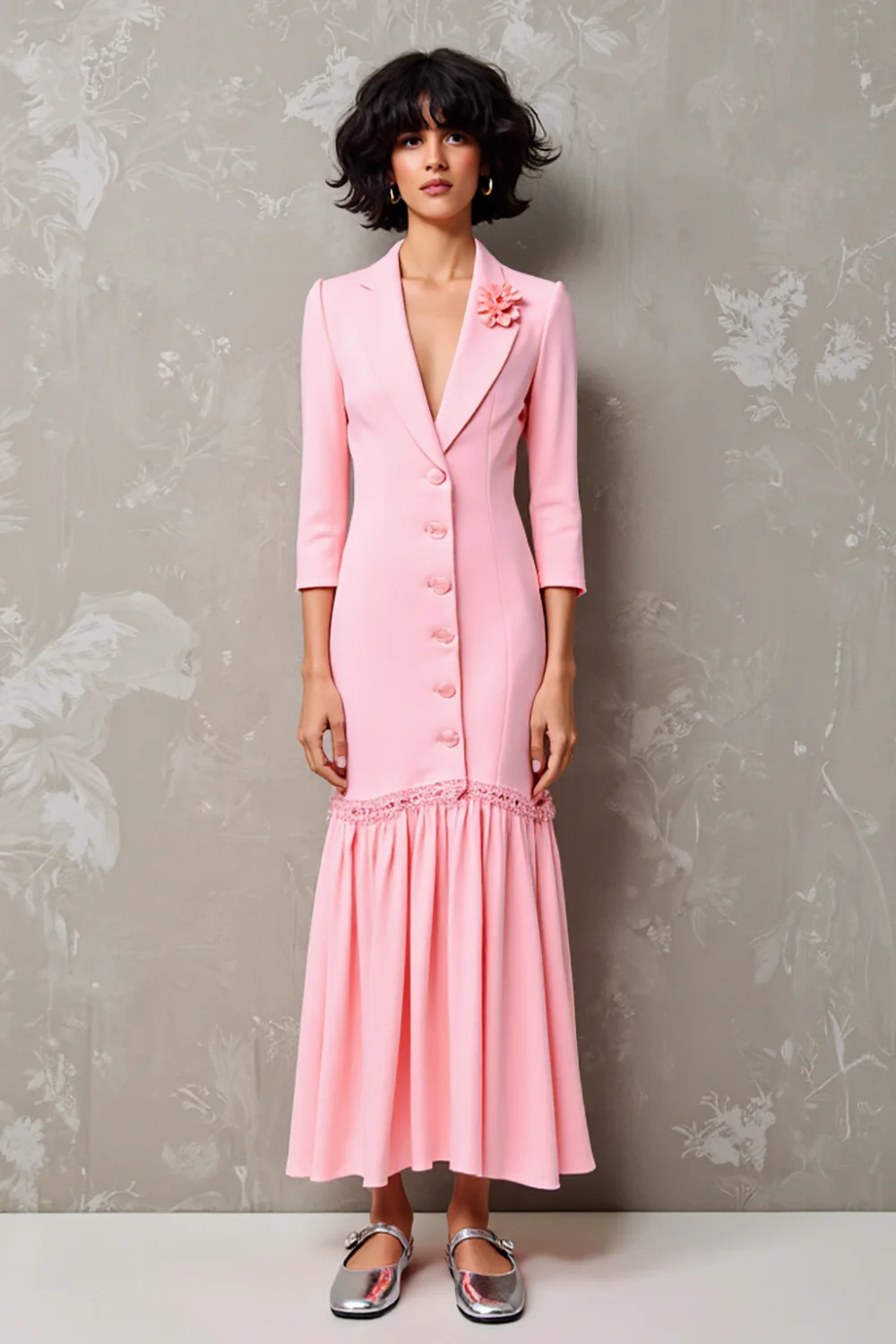 Rose revers cranté Floral 3/4 manches Robe