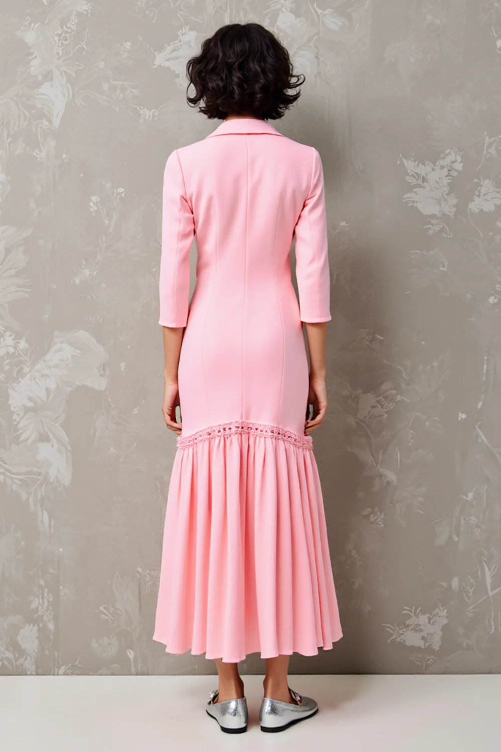 Rose revers cranté Floral 3/4 manches Robe - Image 2