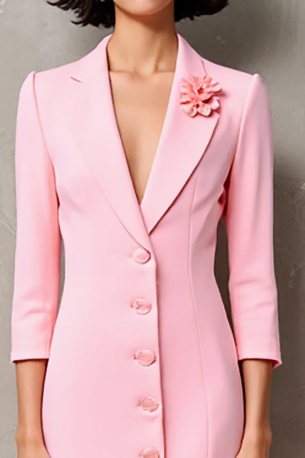 Rose revers cranté Floral 3/4 manches Robe - Image 3