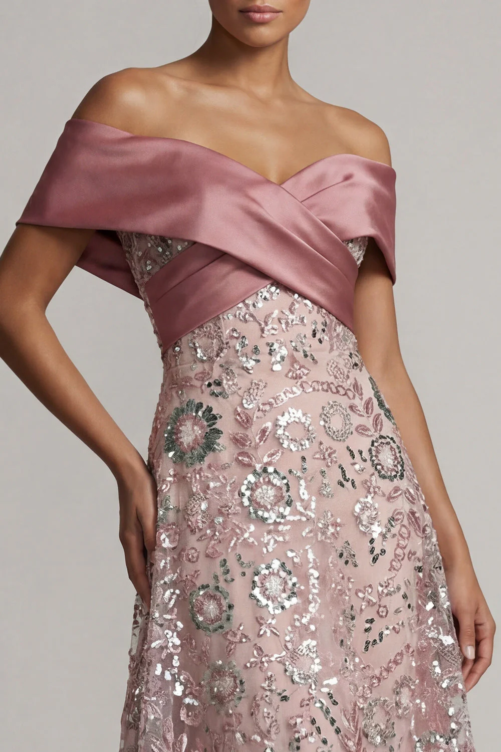 Rose scintillant Une ligne longue sur l’épaule perlée Robe de la mère de la mariée - Image 4