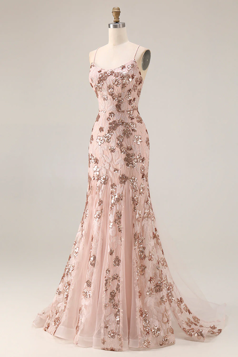 Rose scintillante en sirène dorée, lacet dans le dos, longue robe de bal avec paillettes - Image 3