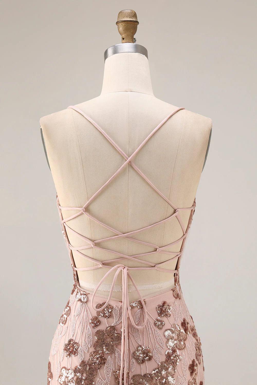 Rose scintillante en sirène dorée, lacet dans le dos, longue robe de bal avec paillettes - Image 5