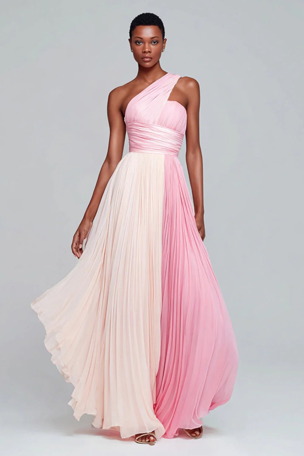 Rose Une épaule Une ligne Robe formelle longue en mousseline de soie avec plis