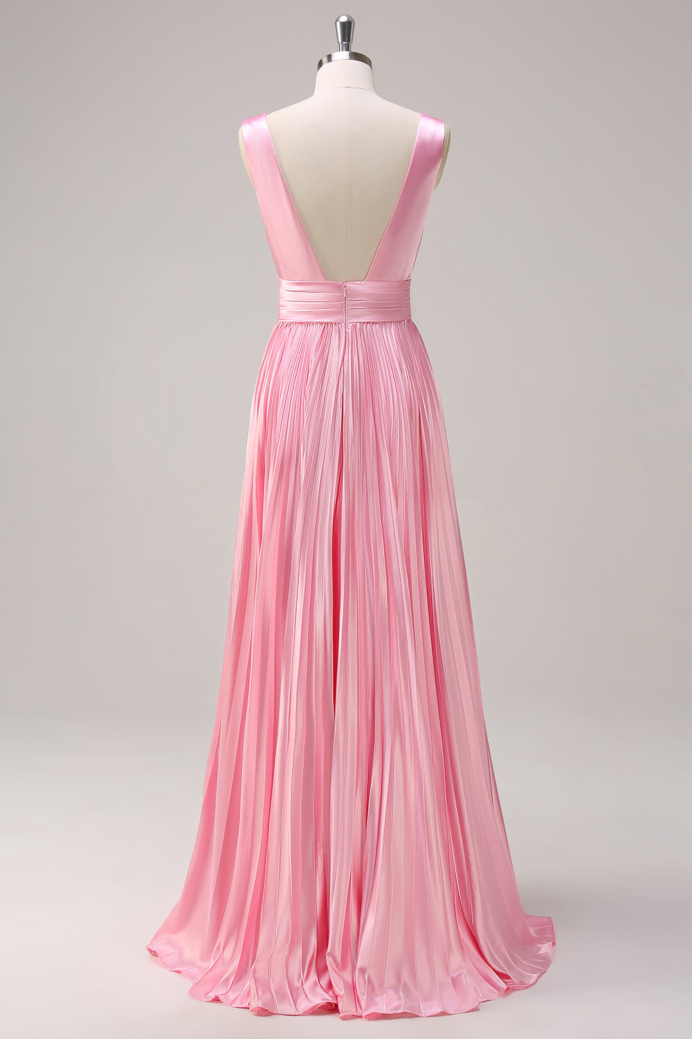 Rose Une ligne col en V Mousseline de soie Dos ouvert Plissé Longue Robe de demoiselle d’honneur - Image 2