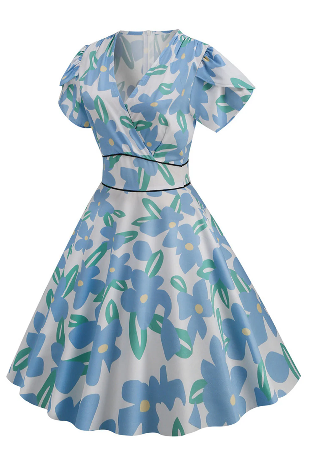 Rose V Col Fleur Imprimé Balançoire Robe Vintage - Image 11