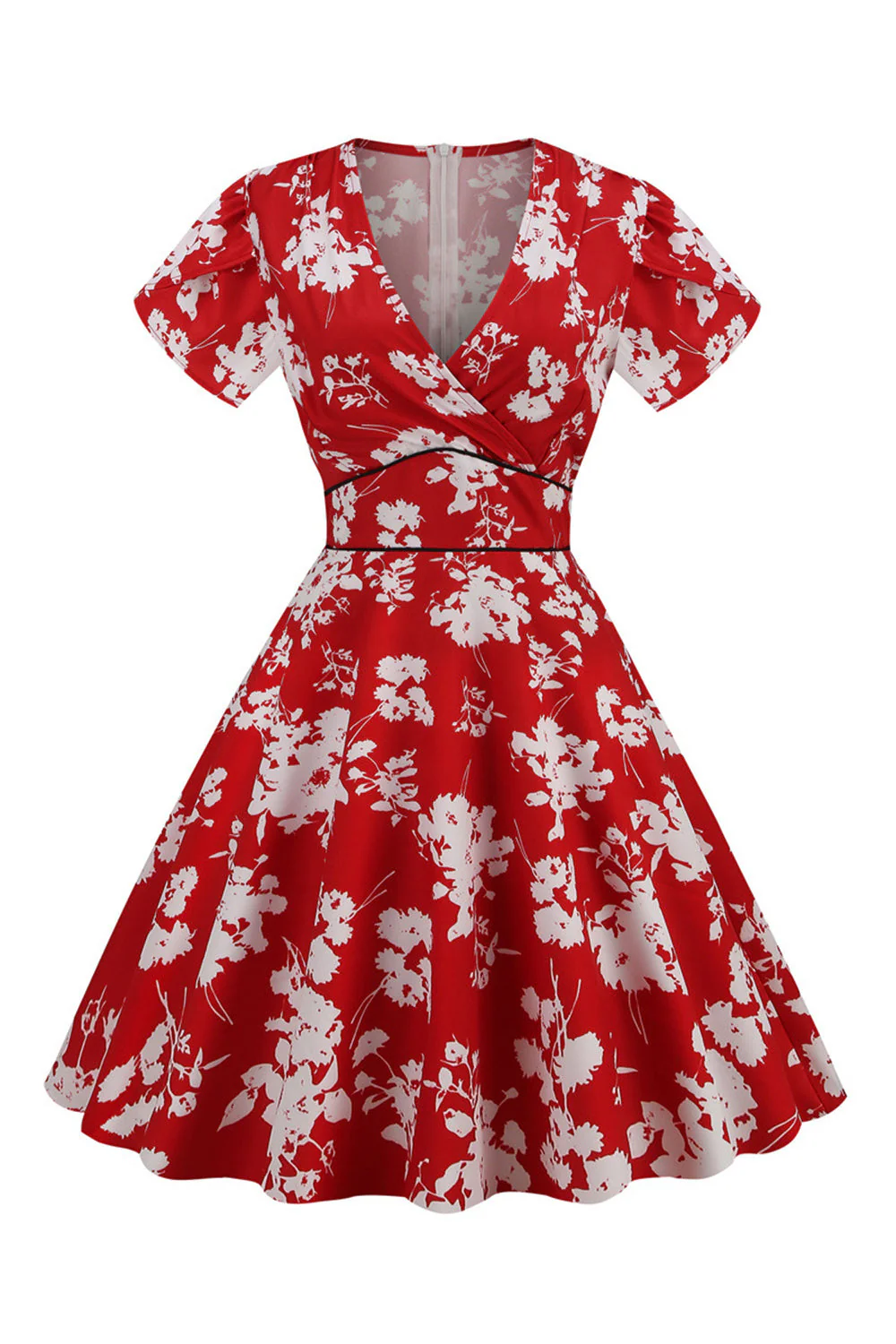 Rose V Col Fleur Imprimé Balançoire Robe Vintage - Image 12
