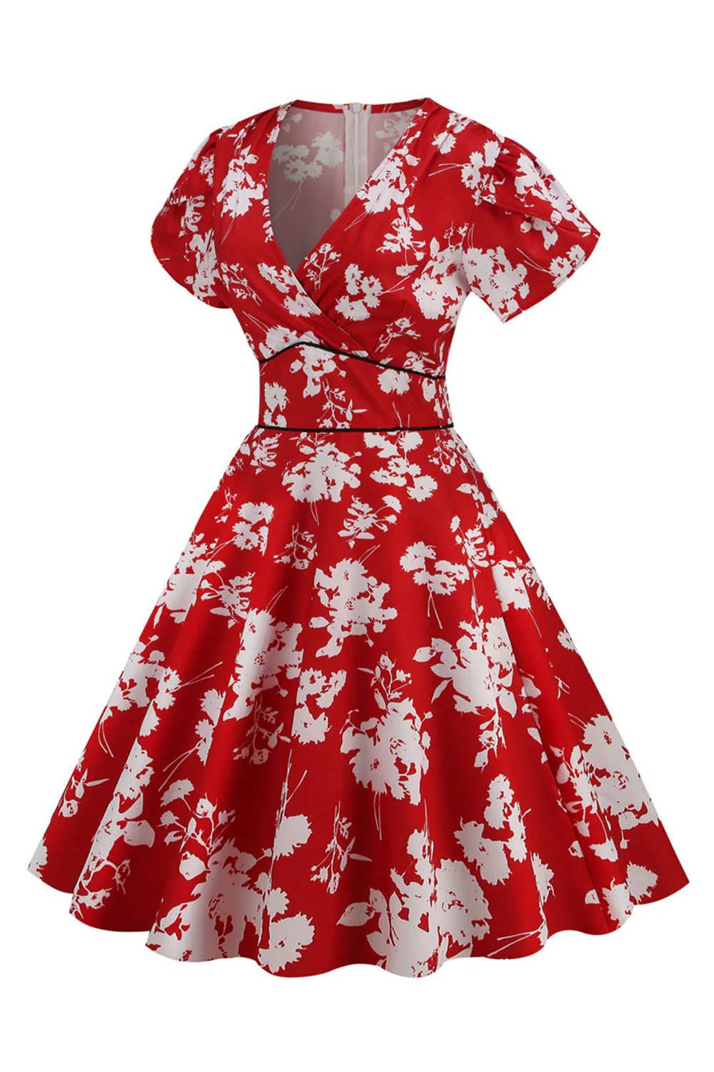 Rose V Col Fleur Imprimé Balançoire Robe Vintage - Image 14