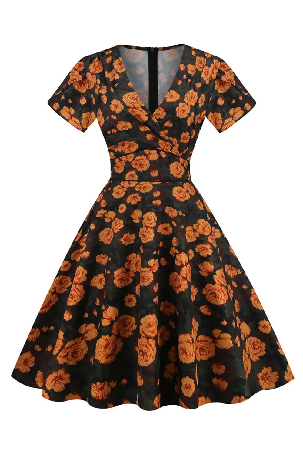 Rose V Col Fleur Imprimé Balançoire Robe Vintage - Image 6