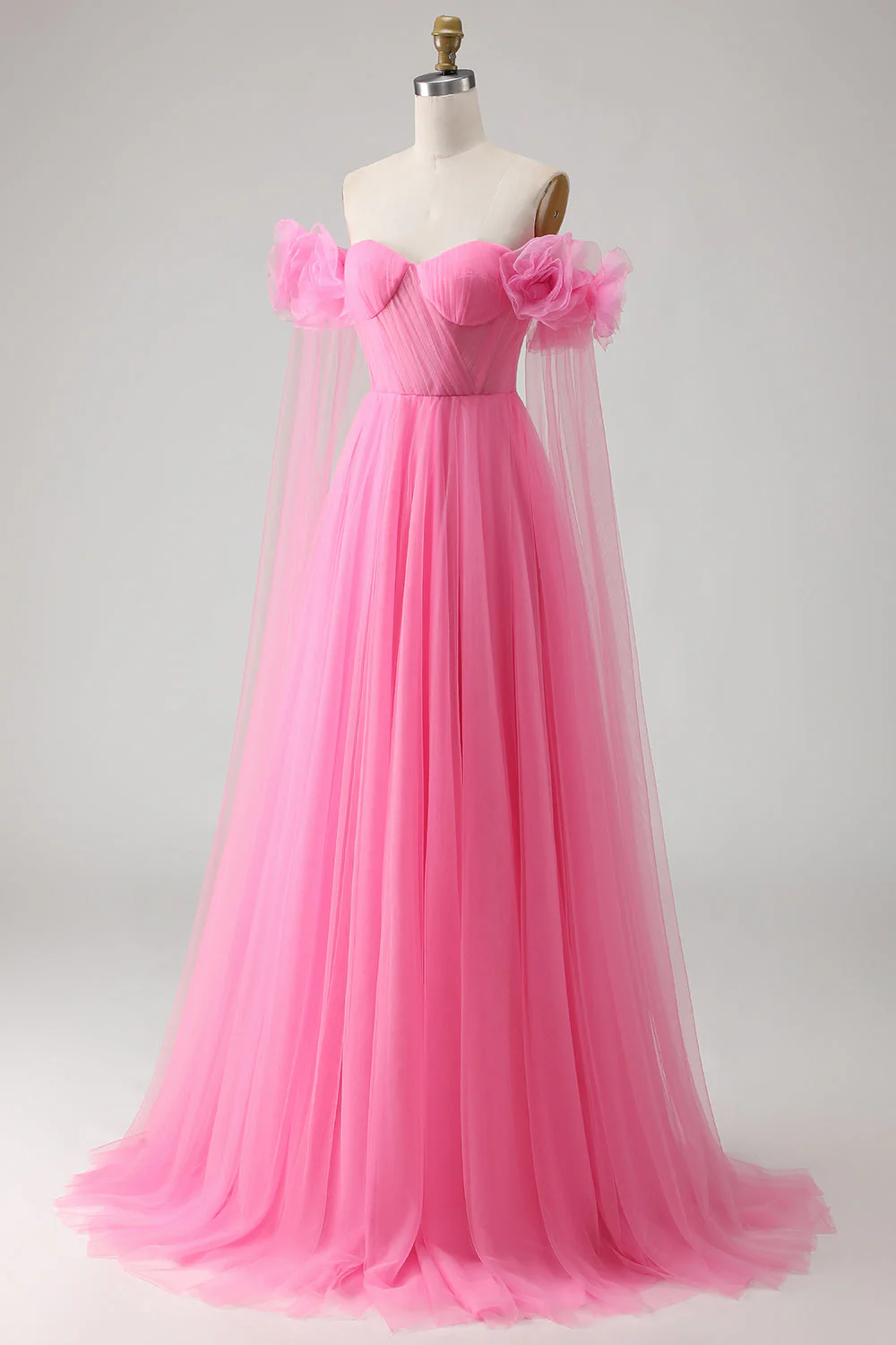 Rose vif Une ligne décollée sur les épaules Longue robe de bal en tulle plissé avec serpentin - Image 3