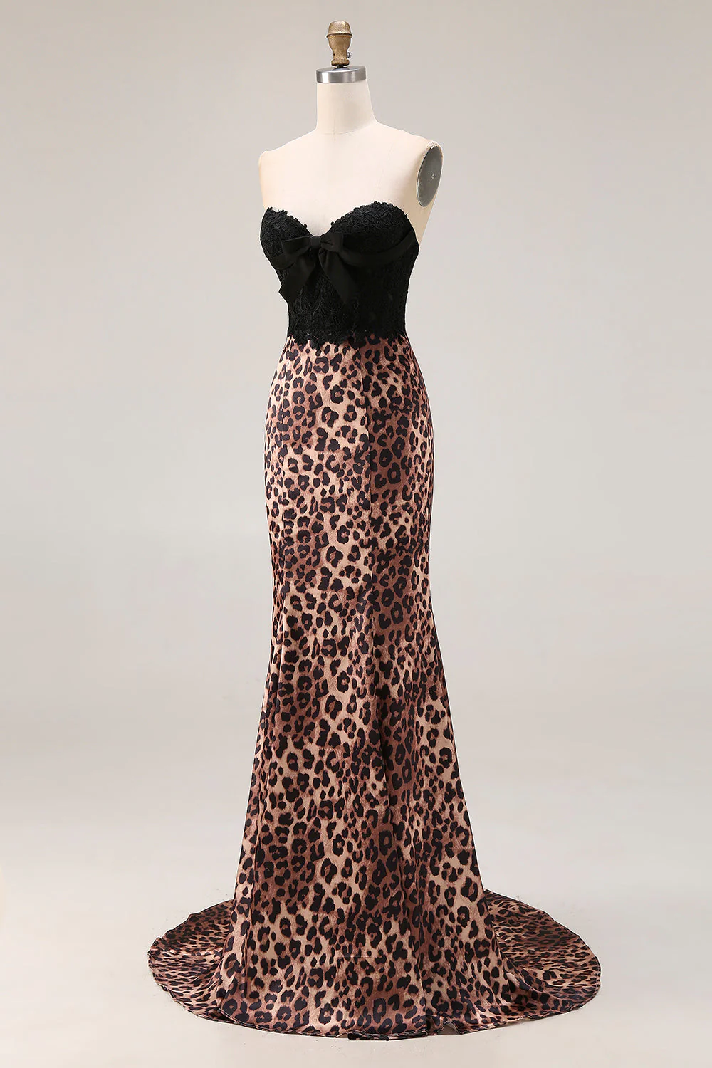 Rouge de bal longue robe de bal en dentelle de sirènes léopard brune avec nœud - Image 3