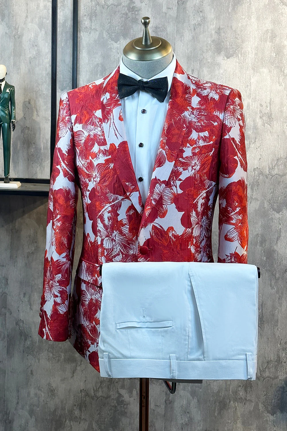 Rouge Floral Jacquard 2 pièces Hommes Costumes de Soirée