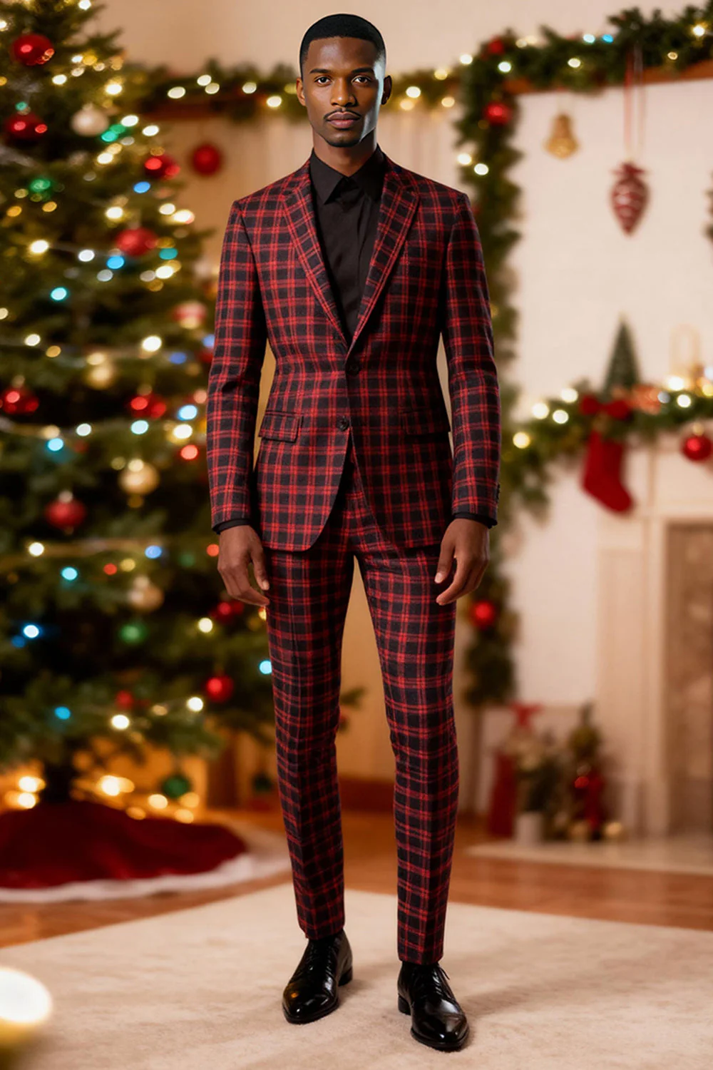Rouge Noir Plaid Cranté Revers 2 Pièces Costumes de Bal Hommes