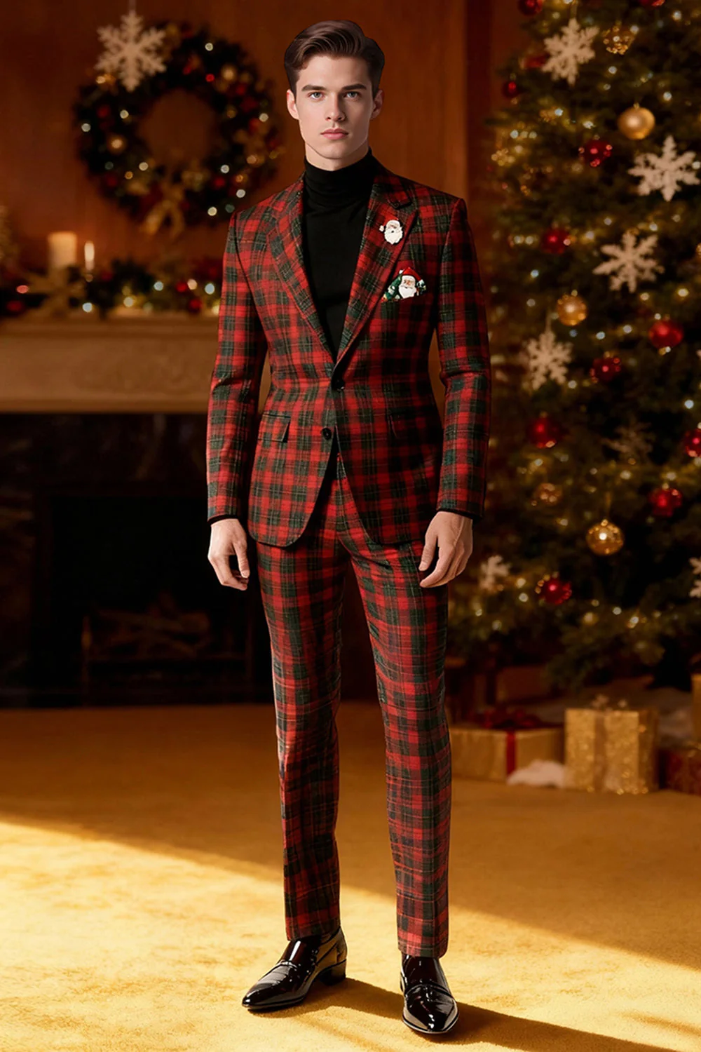 Rouge Noir Plaid Cranté Revers 2 Pièces Costumes de Bal Hommes - Image 18