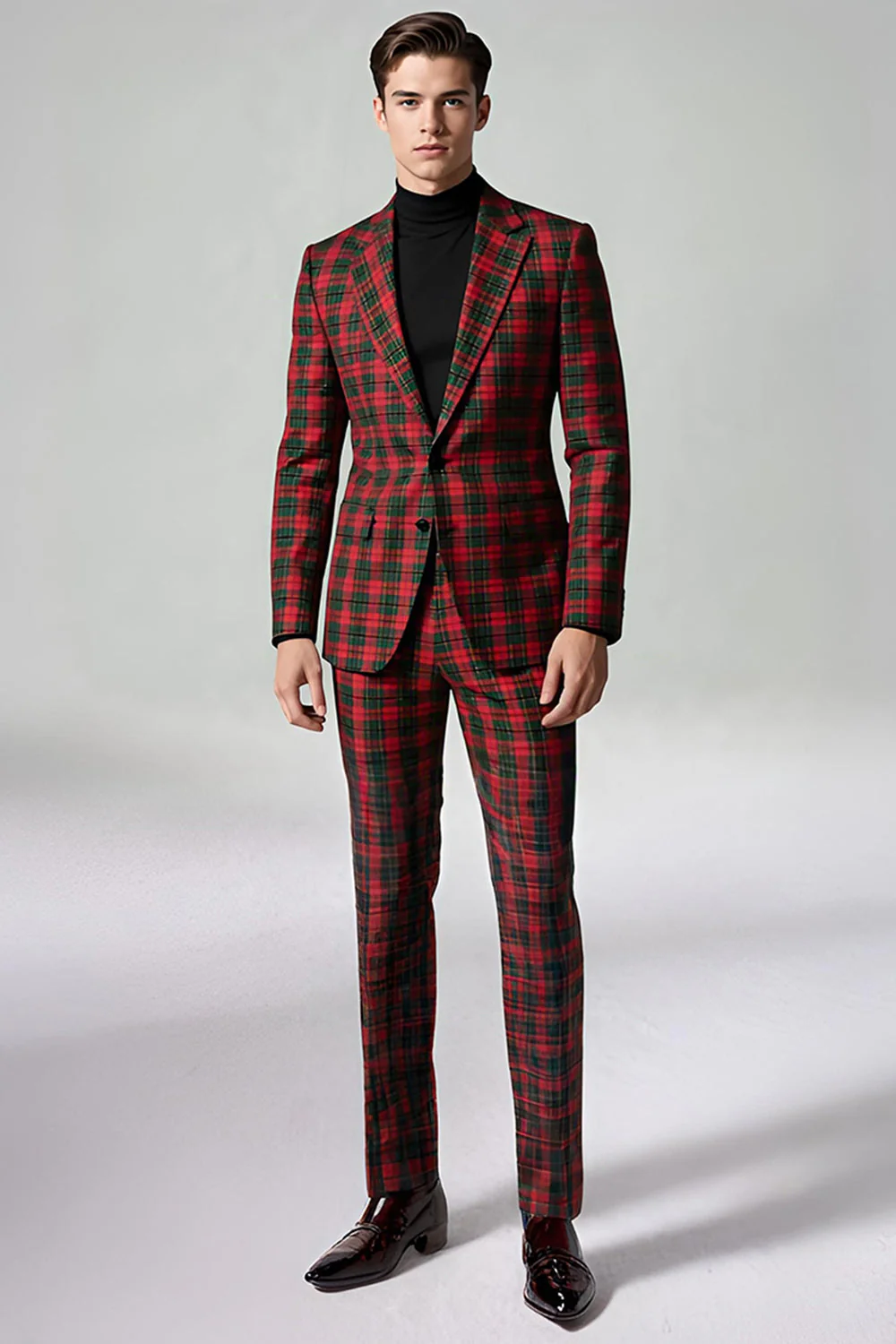 Rouge Noir Plaid Cranté Revers 2 Pièces Costumes de Bal Hommes - Image 19