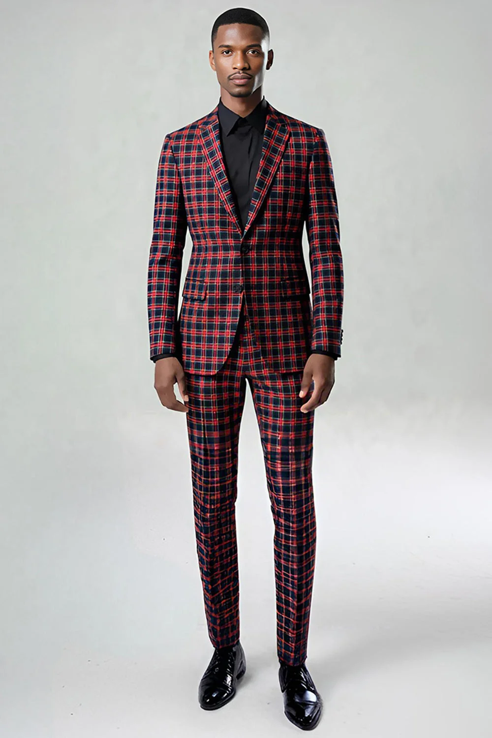 Rouge Noir Plaid Cranté Revers 2 Pièces Costumes de Bal Hommes - Image 2
