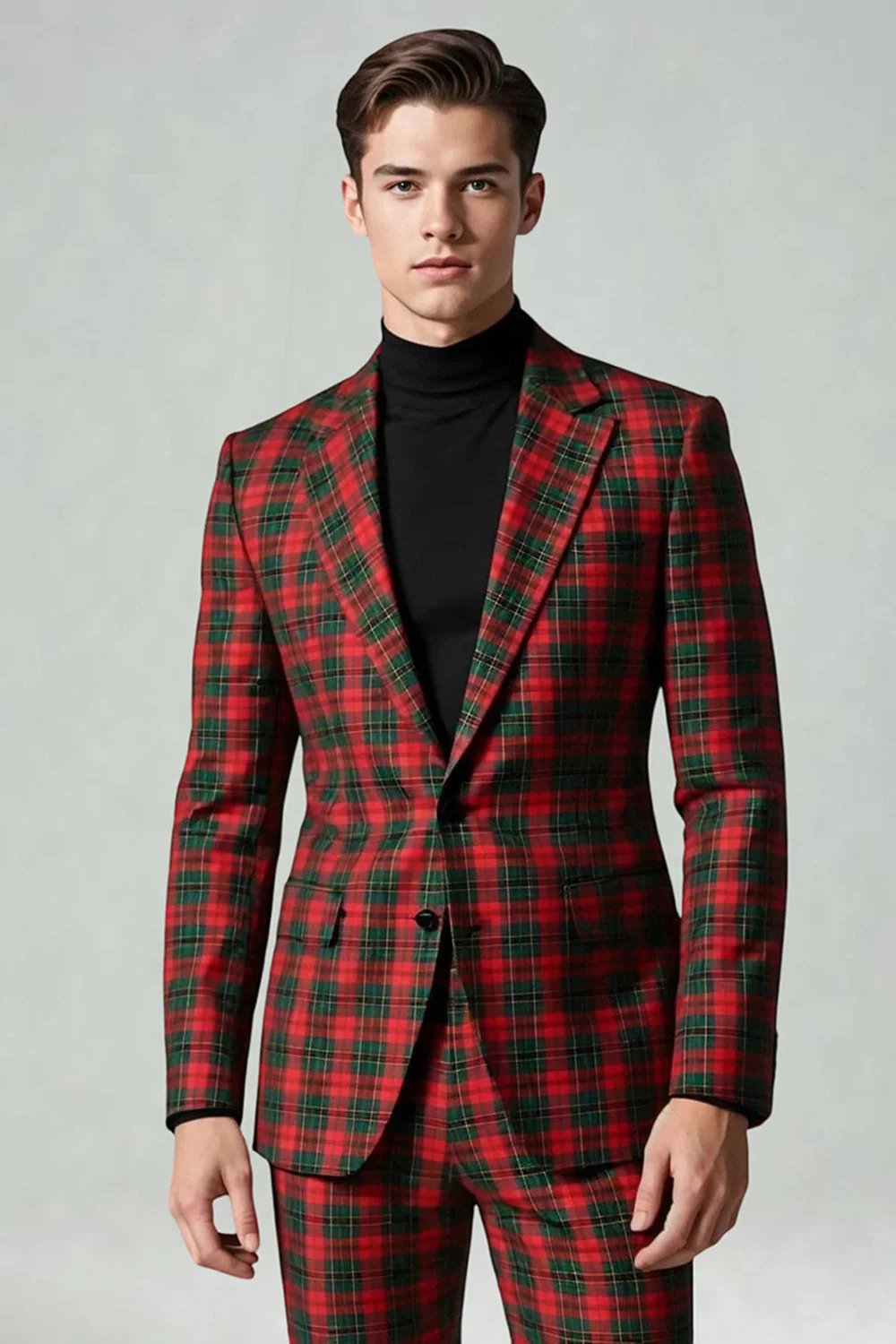 Rouge Noir Plaid Cranté Revers 2 Pièces Costumes de Bal Hommes - Image 20