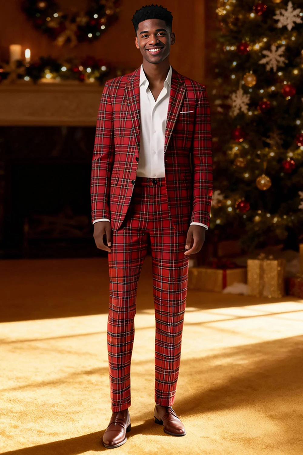 Rouge Noir Plaid Cranté Revers 2 Pièces Costumes de Bal Hommes - Image 27