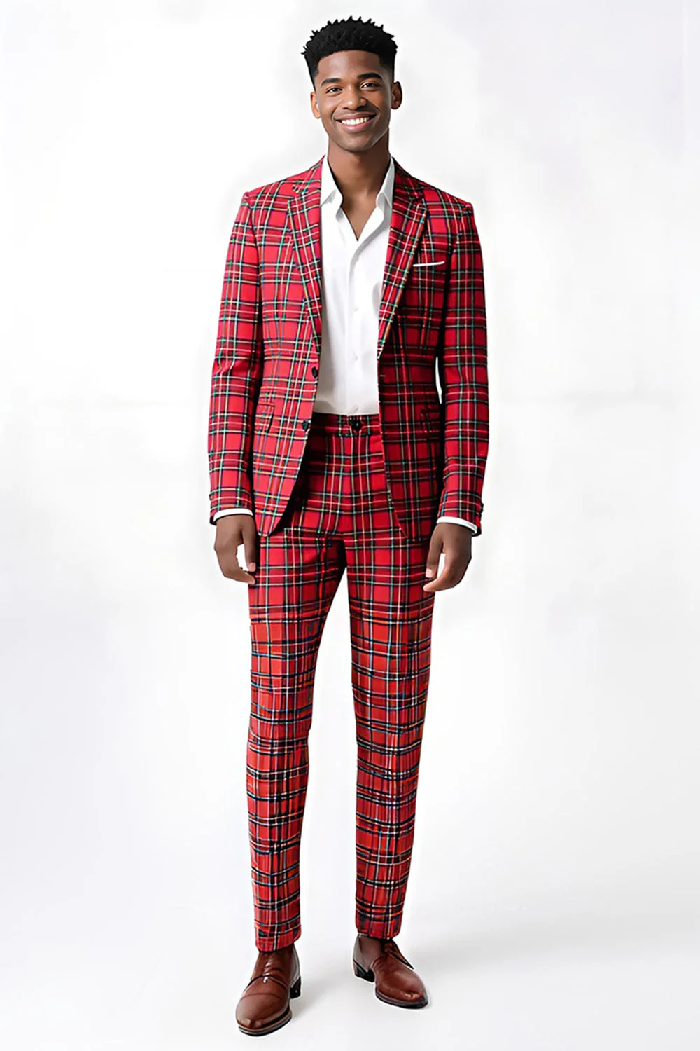 Rouge Noir Plaid Cranté Revers 2 Pièces Costumes de Bal Hommes - Image 28