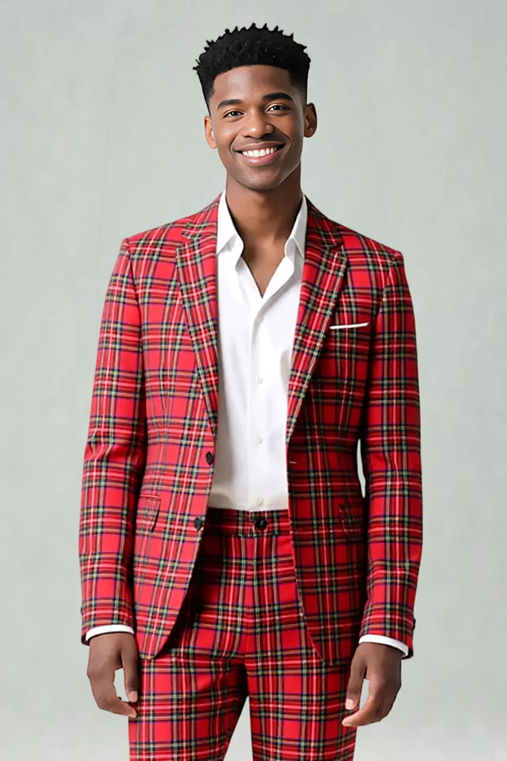 Rouge Noir Plaid Cranté Revers 2 Pièces Costumes de Bal Hommes - Image 29