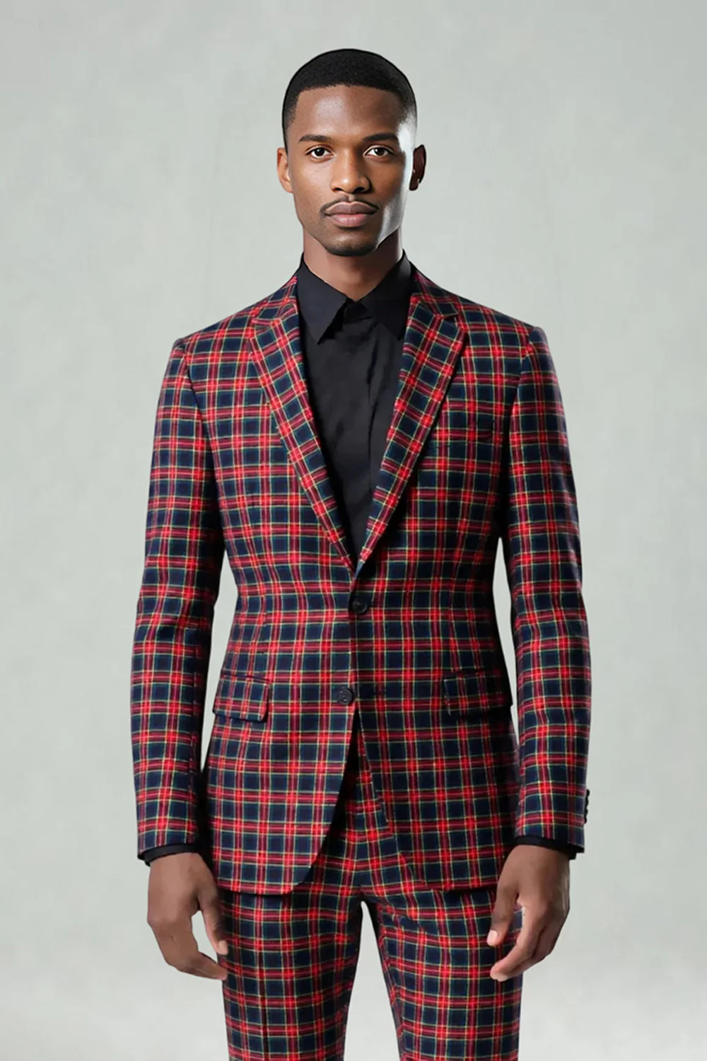 Rouge Noir Plaid Cranté Revers 2 Pièces Costumes de Bal Hommes - Image 3