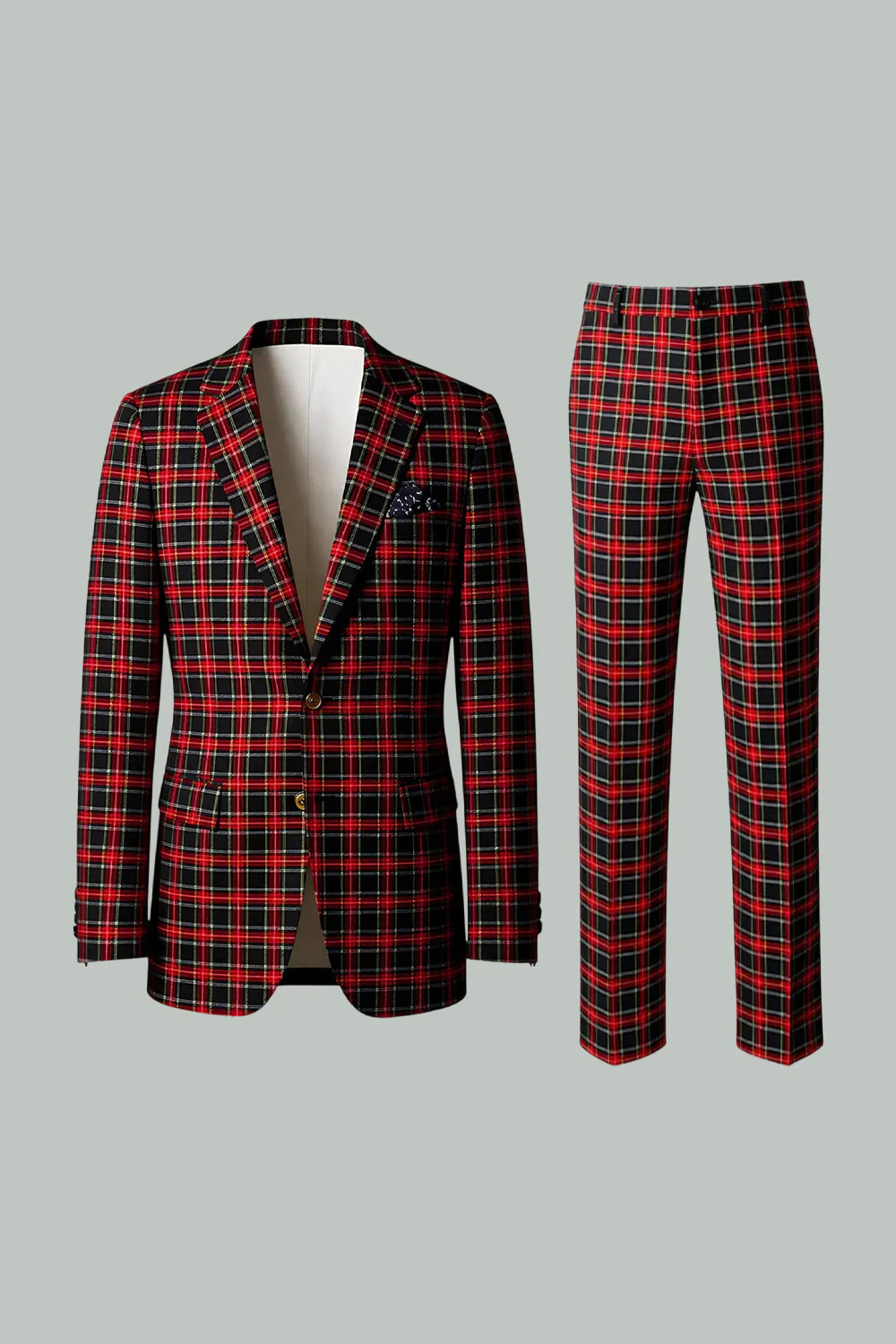 Rouge Noir Plaid Cranté Revers 2 Pièces Costumes de Bal Hommes - Image 9