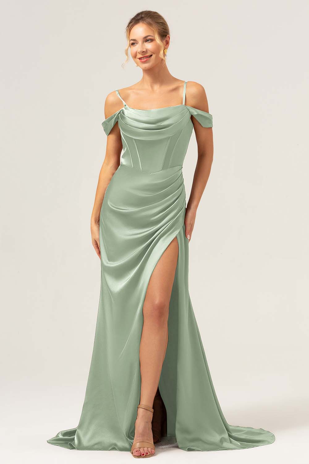 Robe de demoiselle d'honneur longue rouille sirène bustier ruché épaule froide avec fente - Image 3