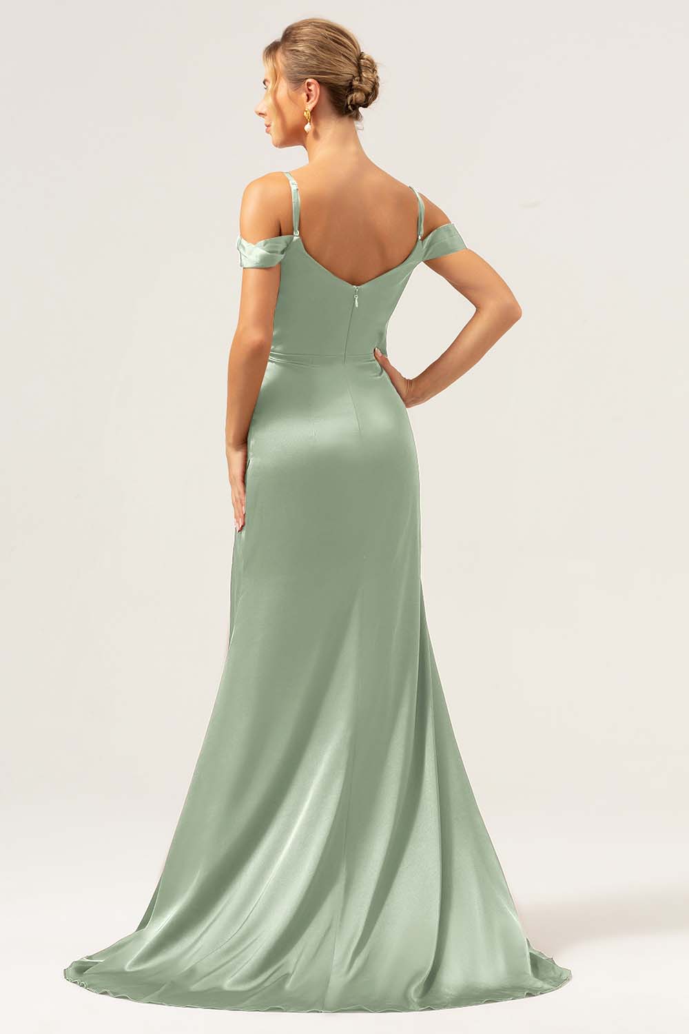 Robe de demoiselle d'honneur longue rouille sirène bustier ruché épaule froide avec fente - Image 4