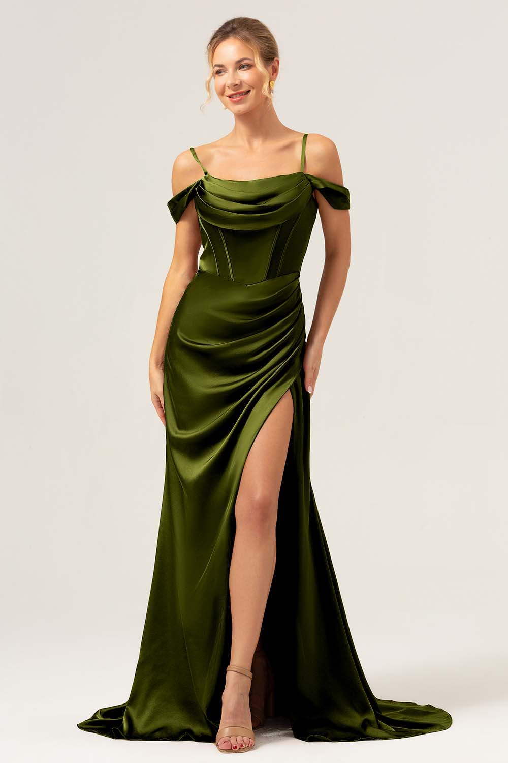 Robe de demoiselle d'honneur longue rouille sirène bustier ruché épaule froide avec fente - Image 7
