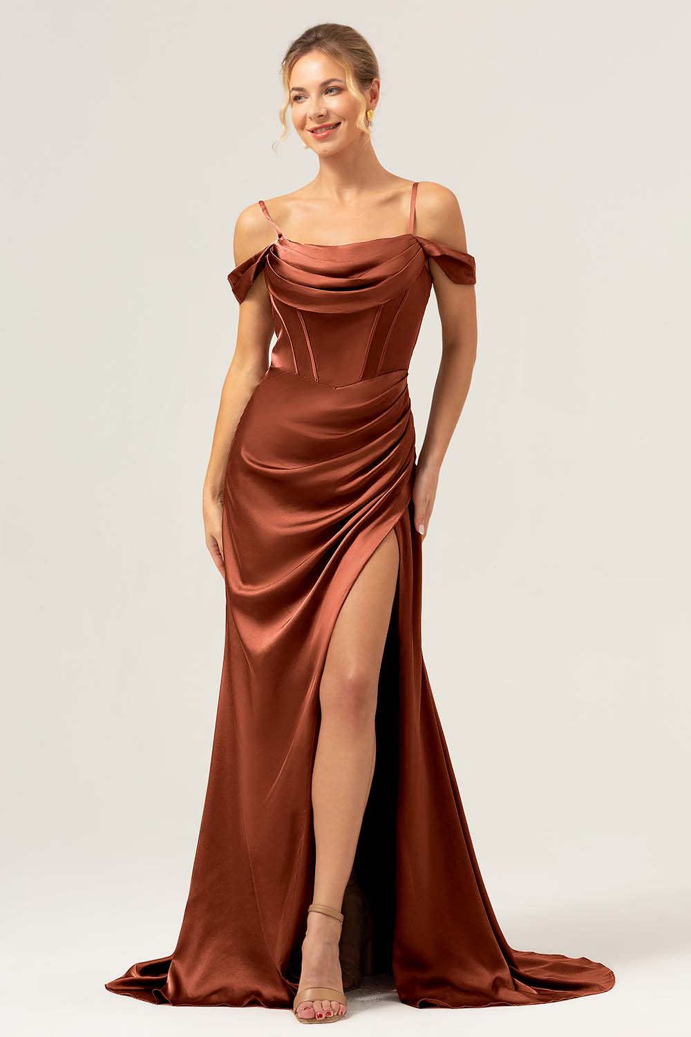 Robe de demoiselle d'honneur longue rouille sirène bustier ruché épaule froide avec fente - Image 9