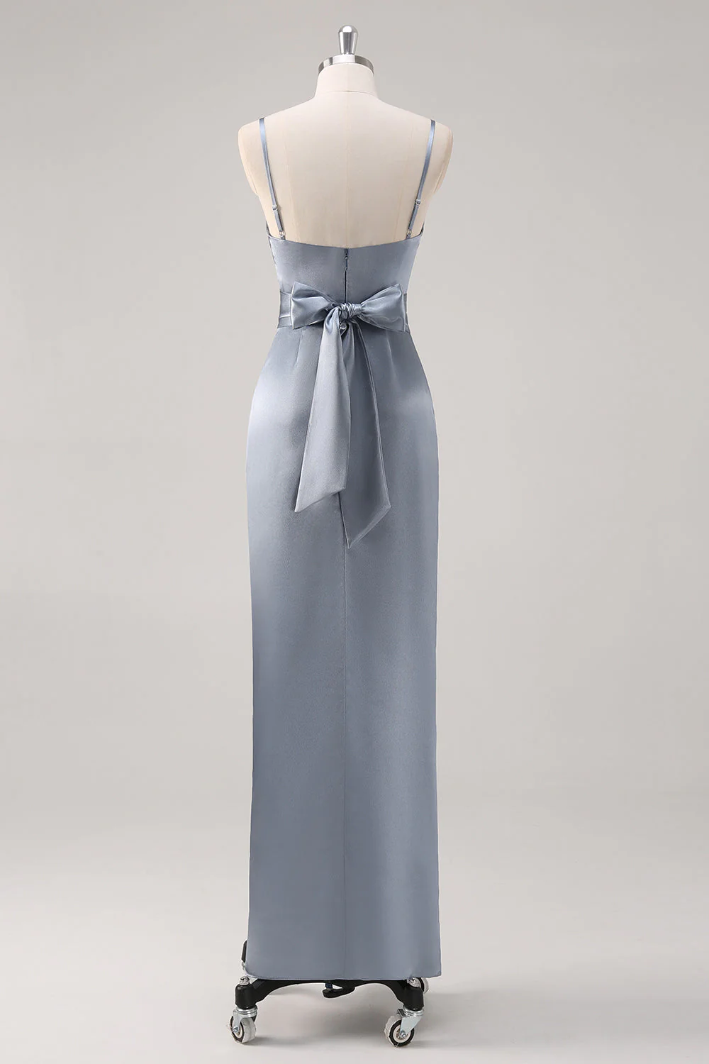 Ruché gris bleu spaghetti bretelles gaine robe de demoiselle d’honneur avec fente - Image 2