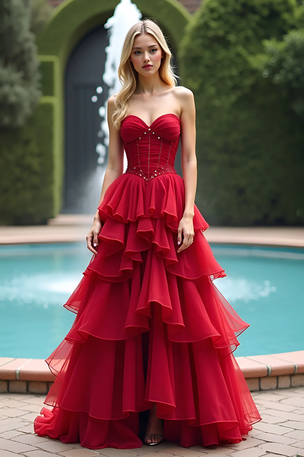 Robe de bal longue rouge ruchée à la ligne droite