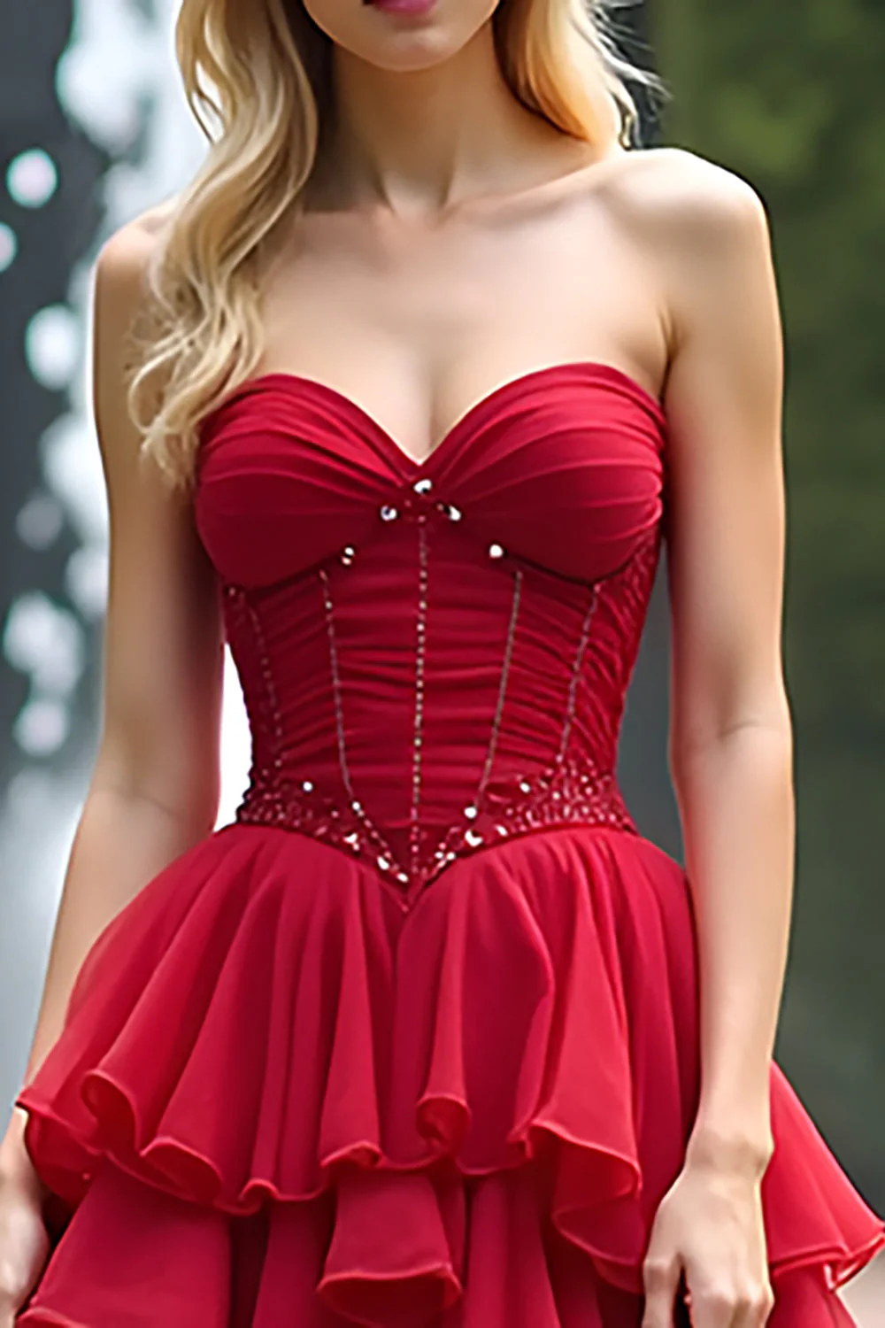 Robe de bal longue rouge ruchée à la ligne droite - Image 2