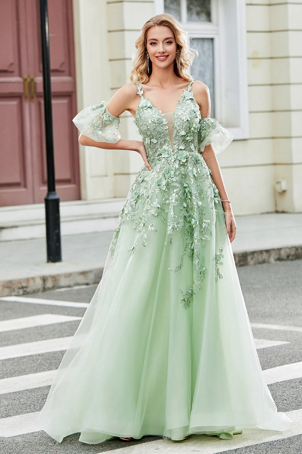 Robe de soirée longue sage A-ligne avec corset manches détachables et fleurs - Image 3