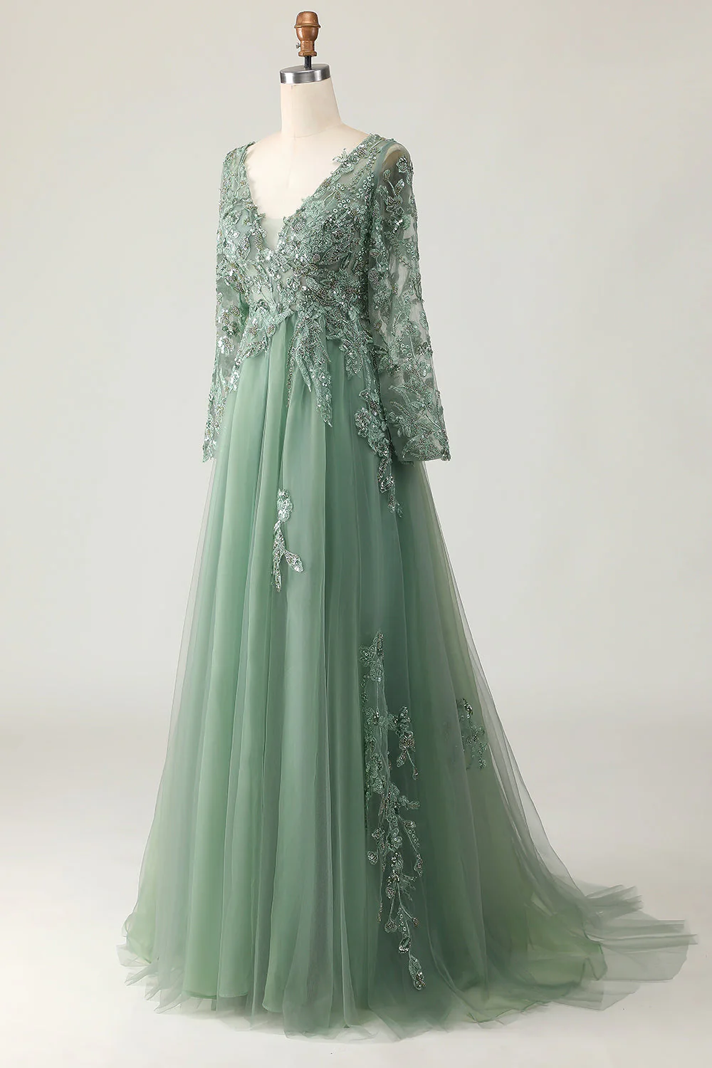 Sage A-ligne Robe De Soirée à manches longues avec appliques - Image 3