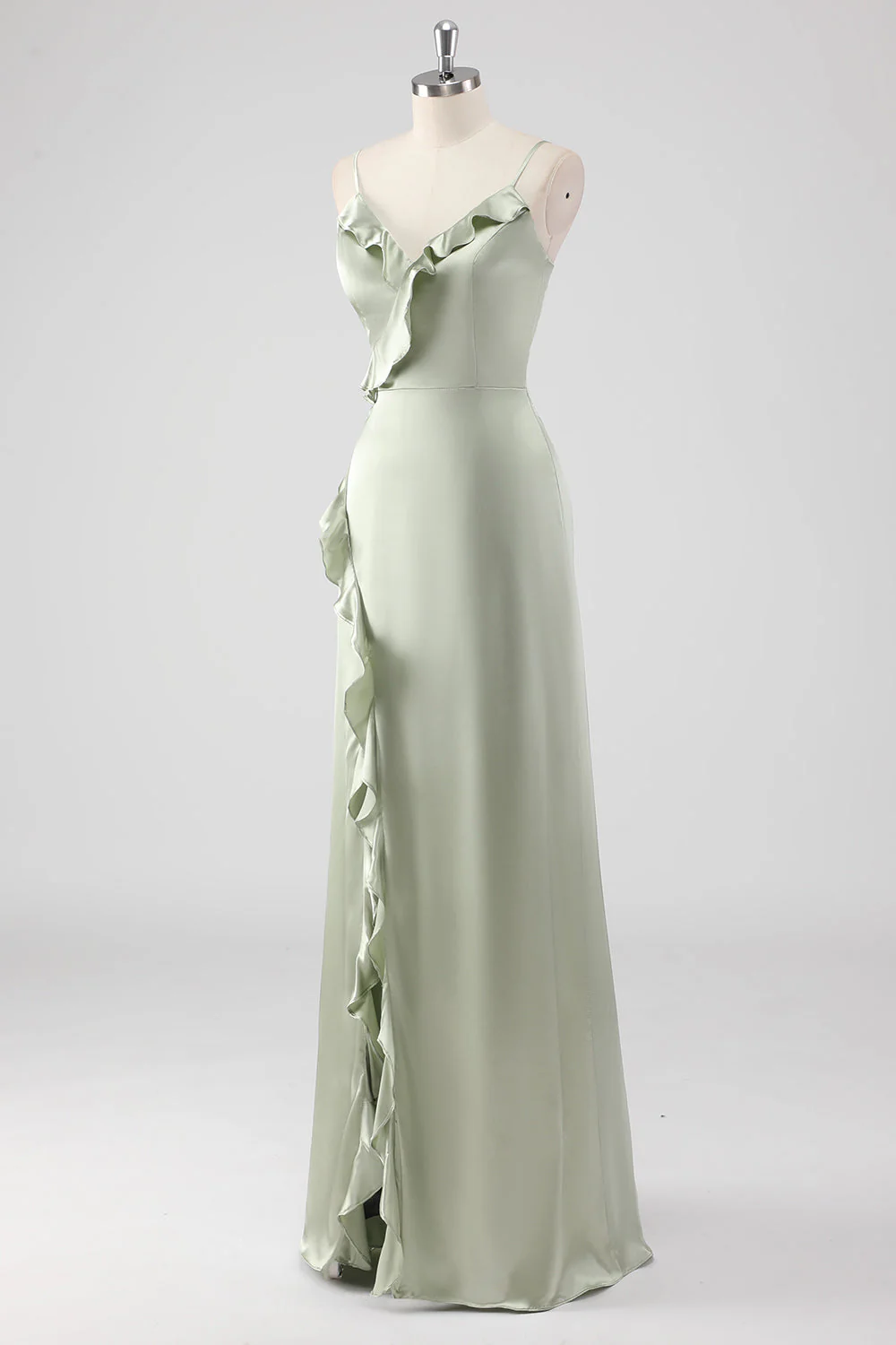 Sage Long Satin Col en V Robe de demoiselle d’honneur fourreau à volants - Image 3