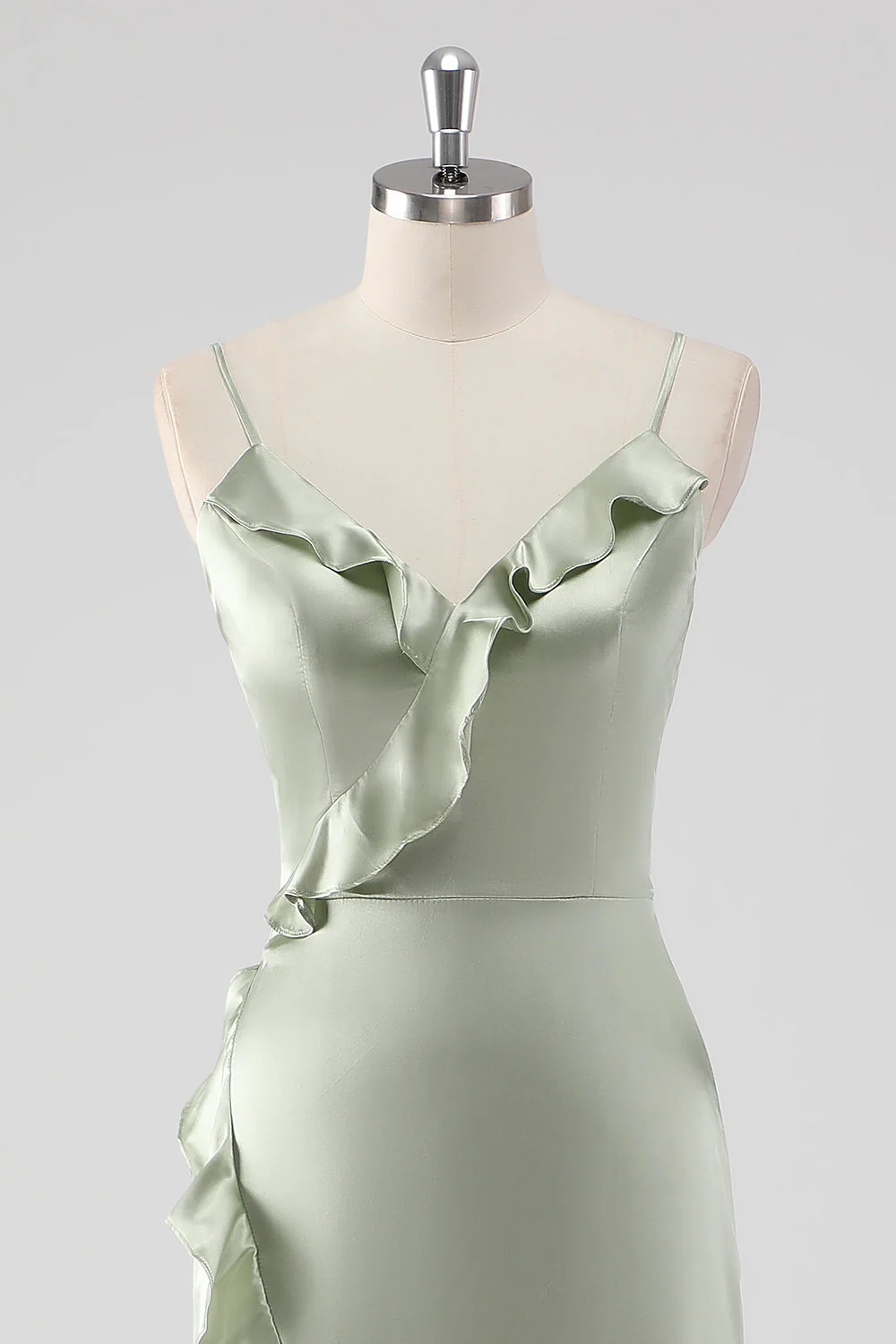 Sage Long Satin Col en V Robe de demoiselle d’honneur fourreau à volants - Image 4