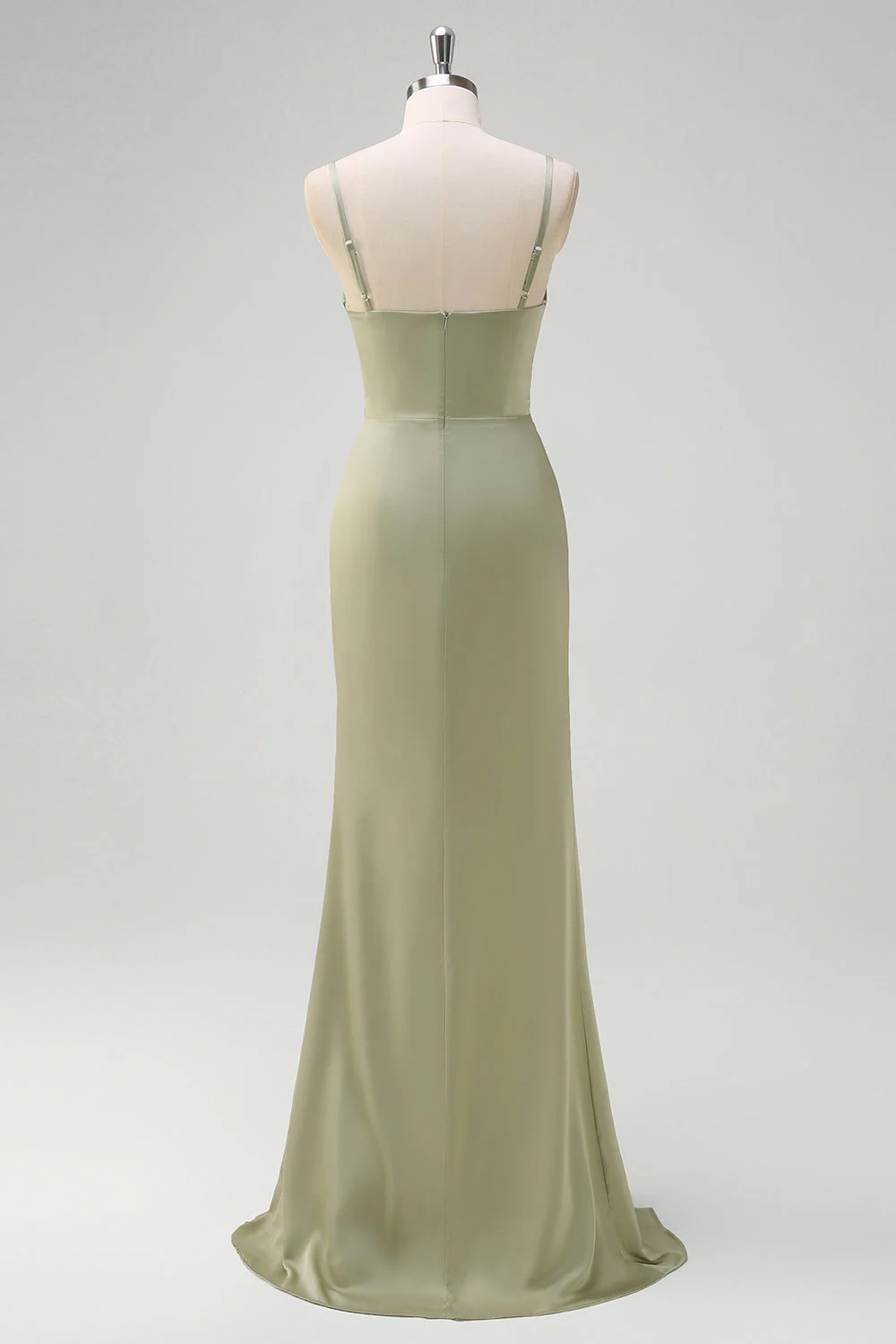 Robe de demoiselle d'honneur en satin froncé vert sauge sirène à bretelles fines avec fente - Image 2