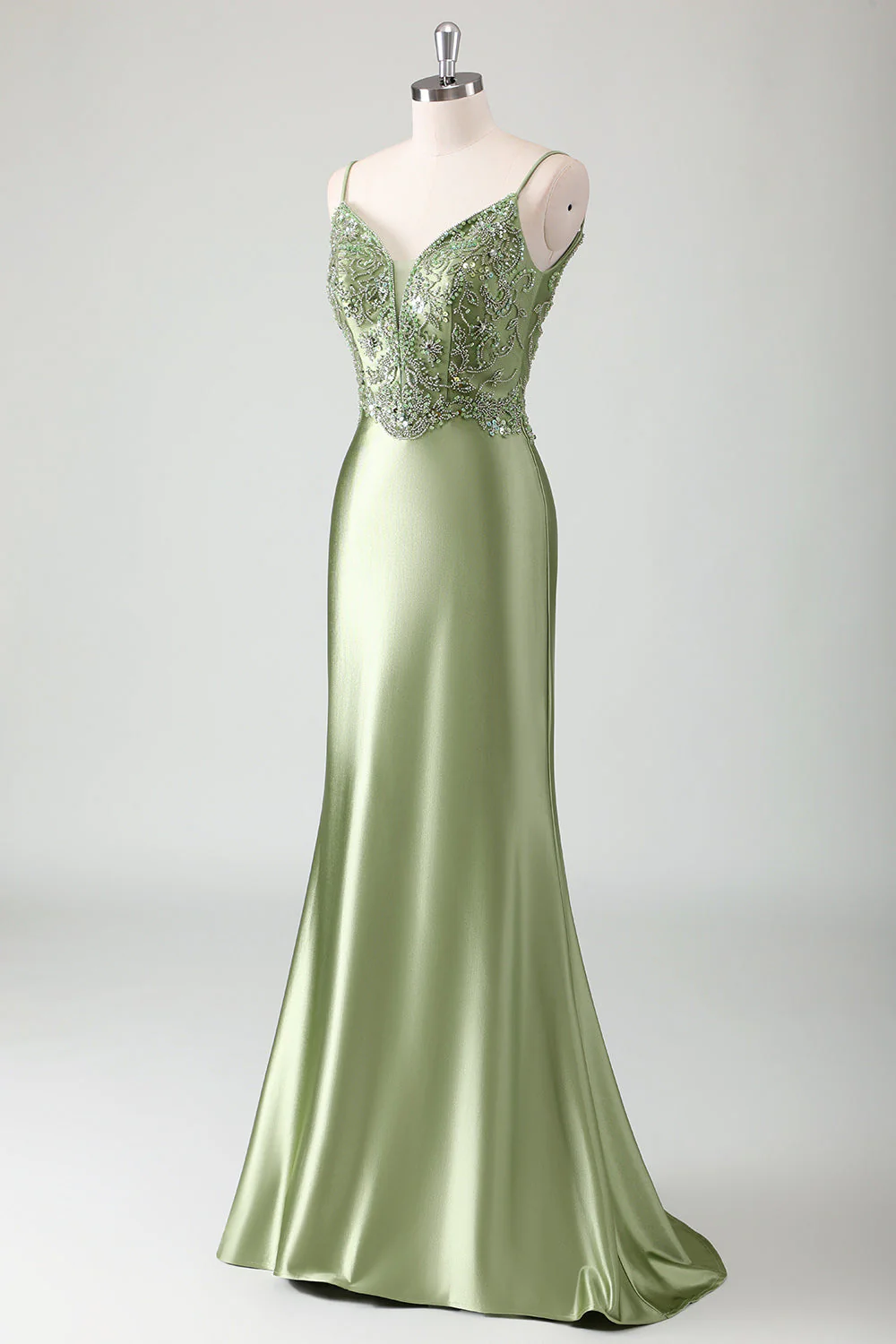 Sage Mermaid Spaghetti Straps Robe longue de bal avec paillettes - Image 3