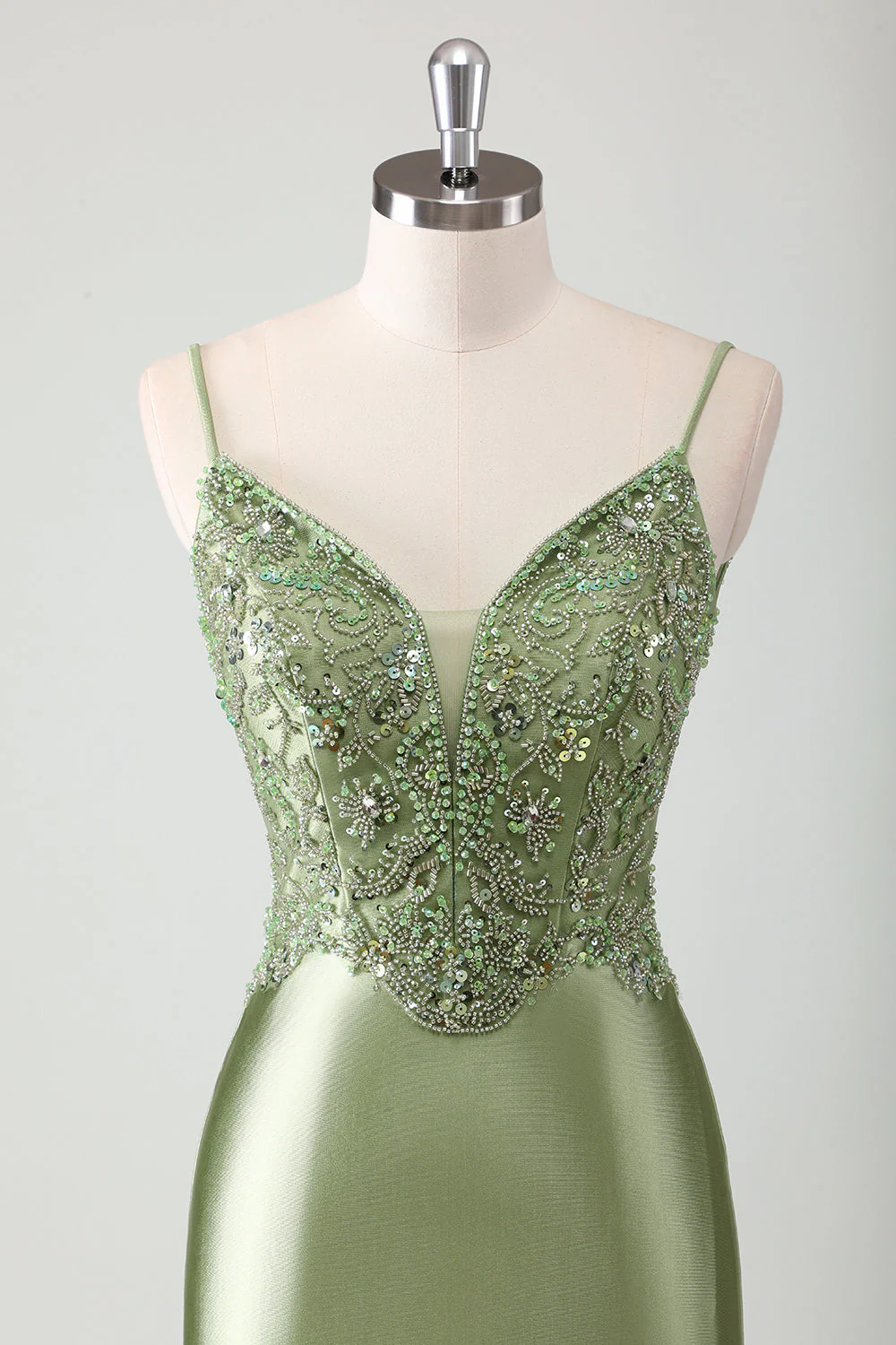 Sage Mermaid Spaghetti Straps Robe longue de bal avec paillettes - Image 4